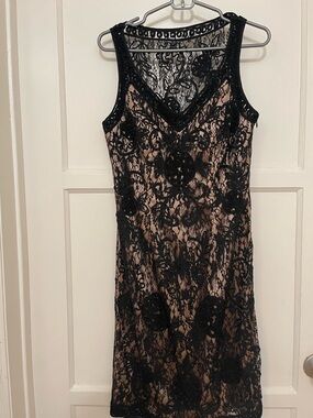 Sue Wong Black Lace Over Nude Slip V-Neck Chemise